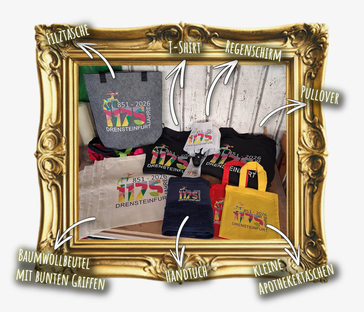 Sortiment des Kreativkastens mit Filztaschen, T-Shirts, Regenschirmen, Pullovern, Baumwollbeuteln, Handtüchern und Apothekertaschen